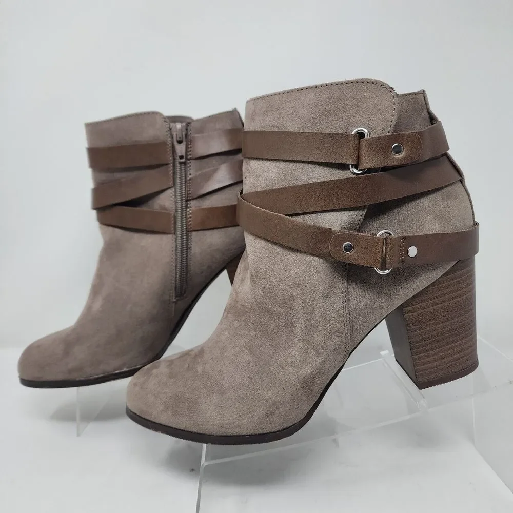 Material Girl Booties Womens 9.5 Brown Zip Straps Faux Suede Boots Block Shoes